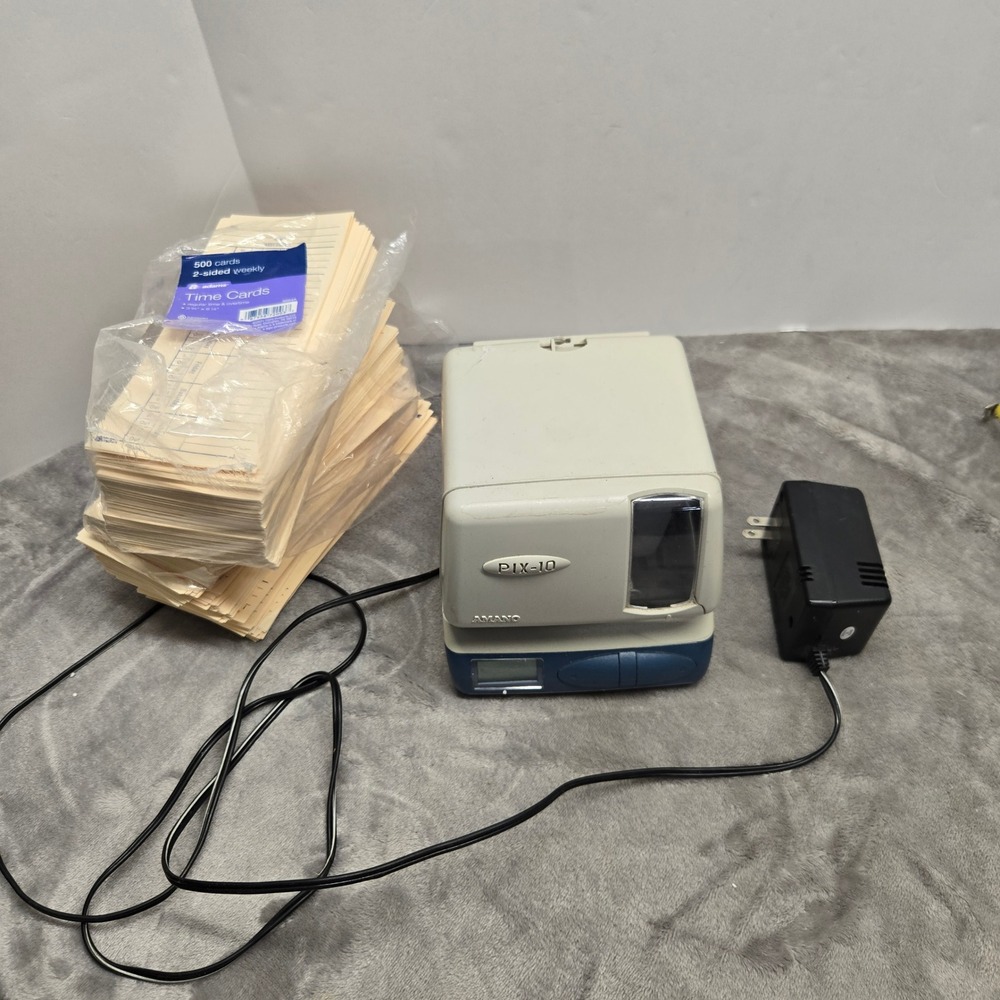 Amano PIX-10 Electronic Time Clock Recorder with Power Adapter and Time Cards